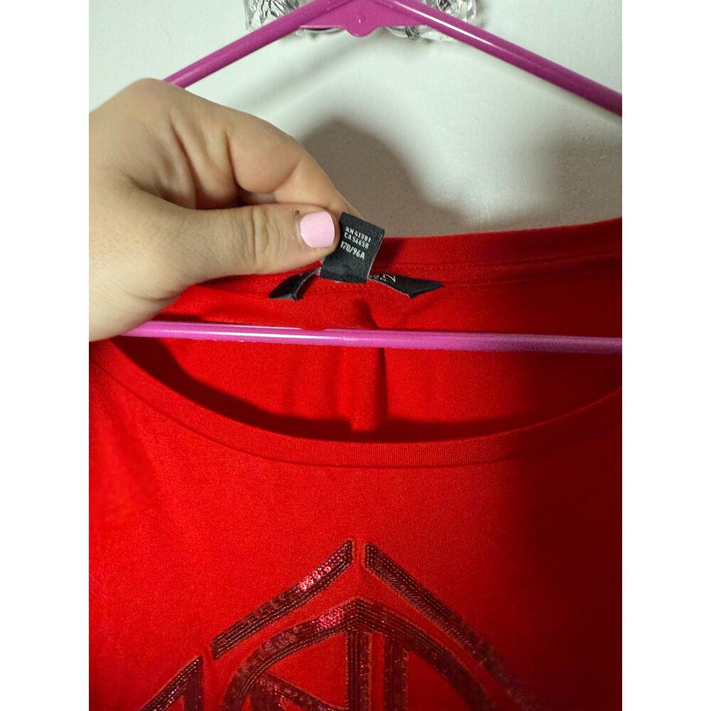 Lauren Ralph Sequined Art Deco Cotton Blend T-Shirt Lipstick Red Women's Large - Picture 6 of 9